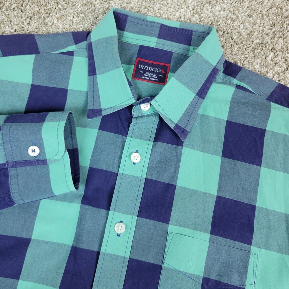Untuckit Mens Mediuim Green Blue Buffalo Plaid Button Up Long Sleeve‎